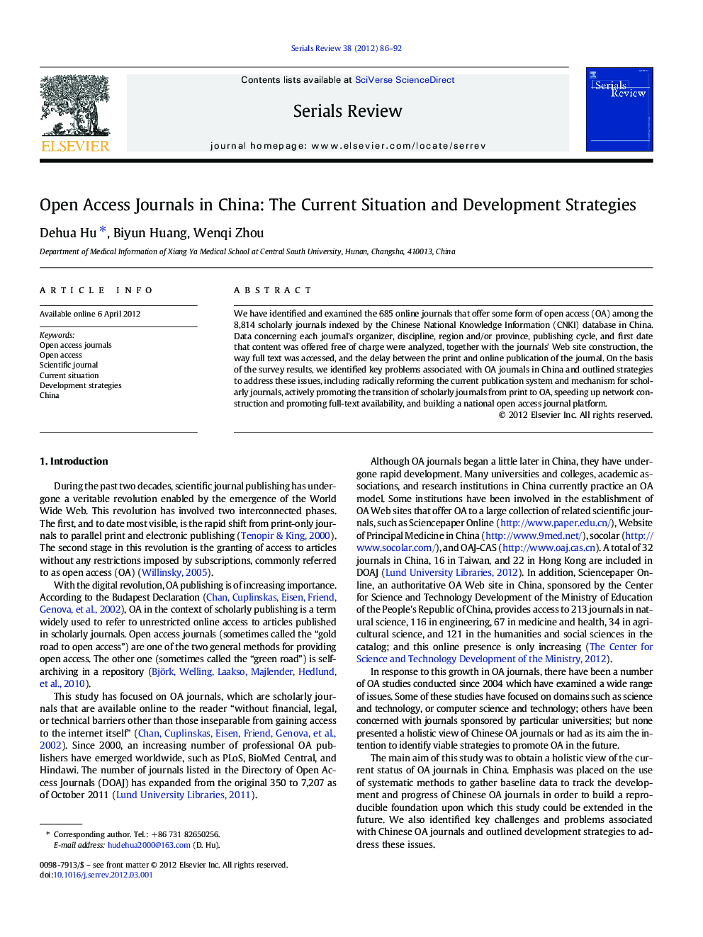 Open Access Journals in China: The Current Situation and Development Strategies