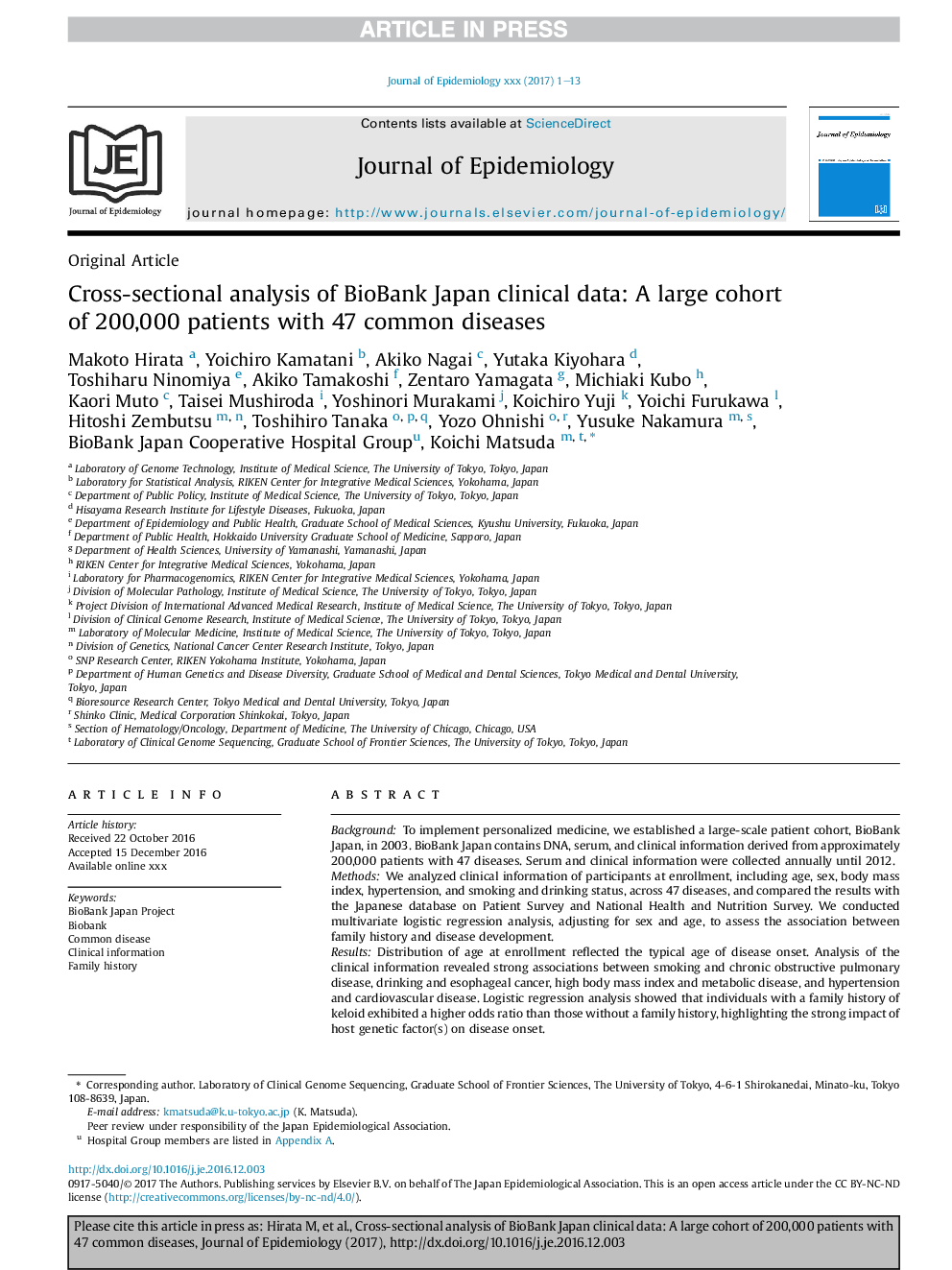 Cross-sectional analysis of BioBank Japan clinical data: A large cohort of 200,000 patients with 47 common diseases