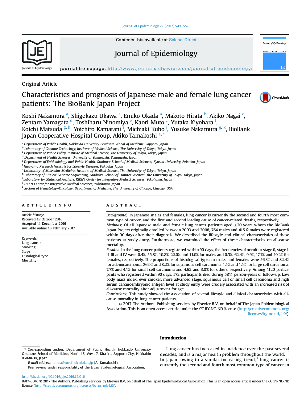 Characteristics and prognosis of Japanese male and female lung cancer patients: The BioBank Japan Project