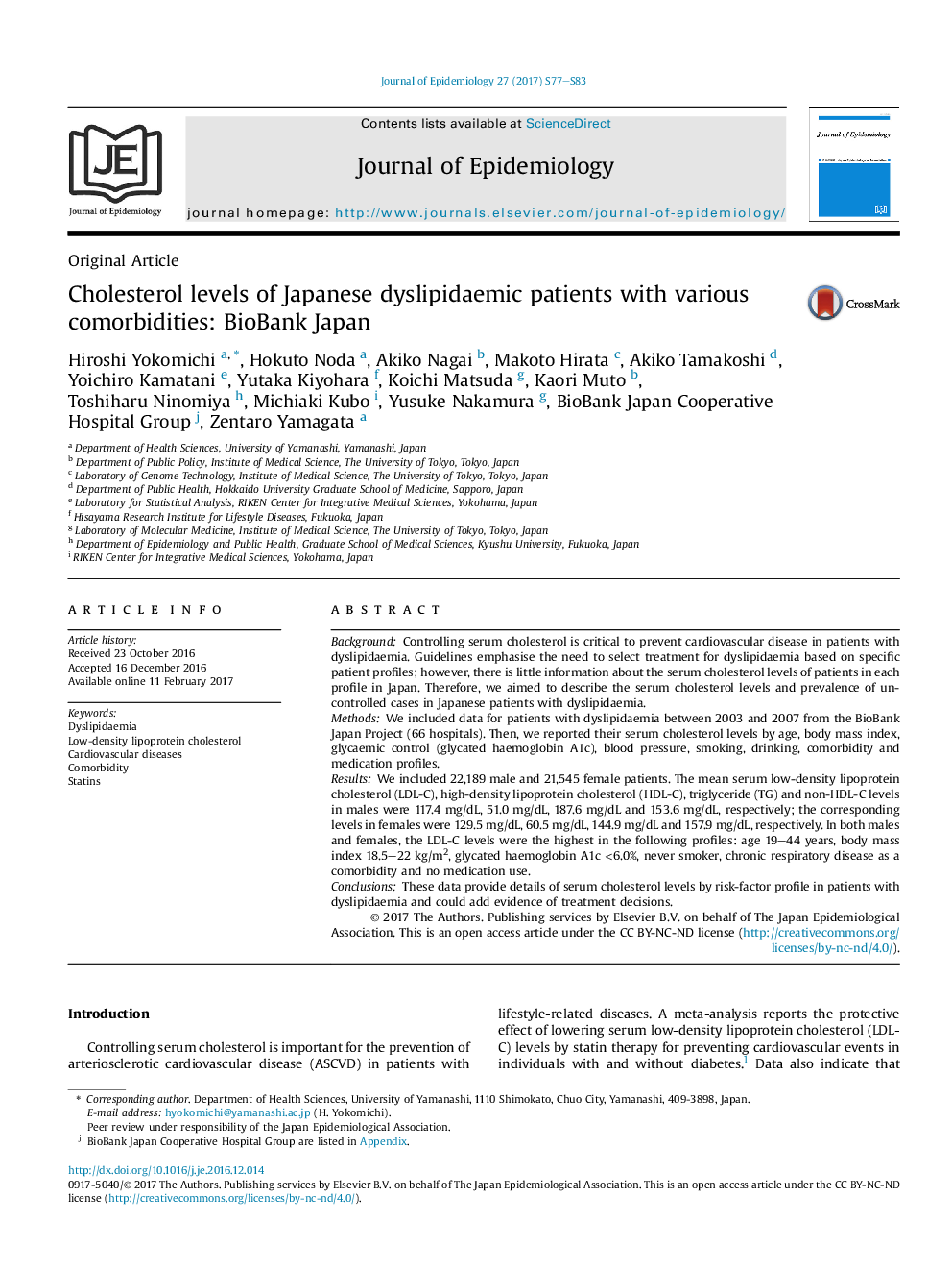 Cholesterol levels of Japanese dyslipidaemic patients with various comorbidities: BioBank Japan