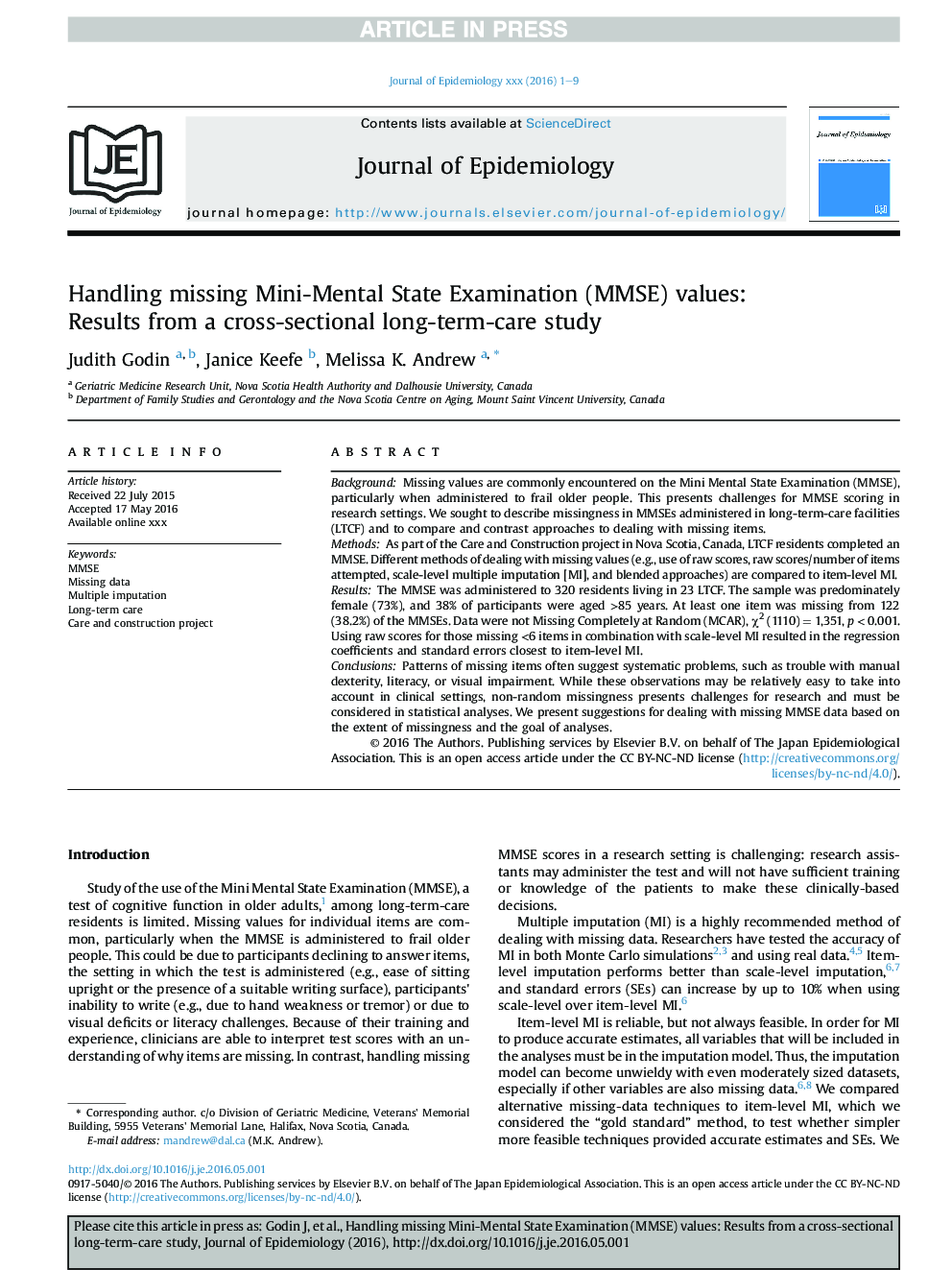 عکس صفحه اول مقاله: Handling missing Mini-Mental State Examination (MMSE) values: Results from a cross-sectional long-term-care study Handling missing Mini-Mental State Examination (MMSE) values: Results from a cross-sectional long-term-care study
