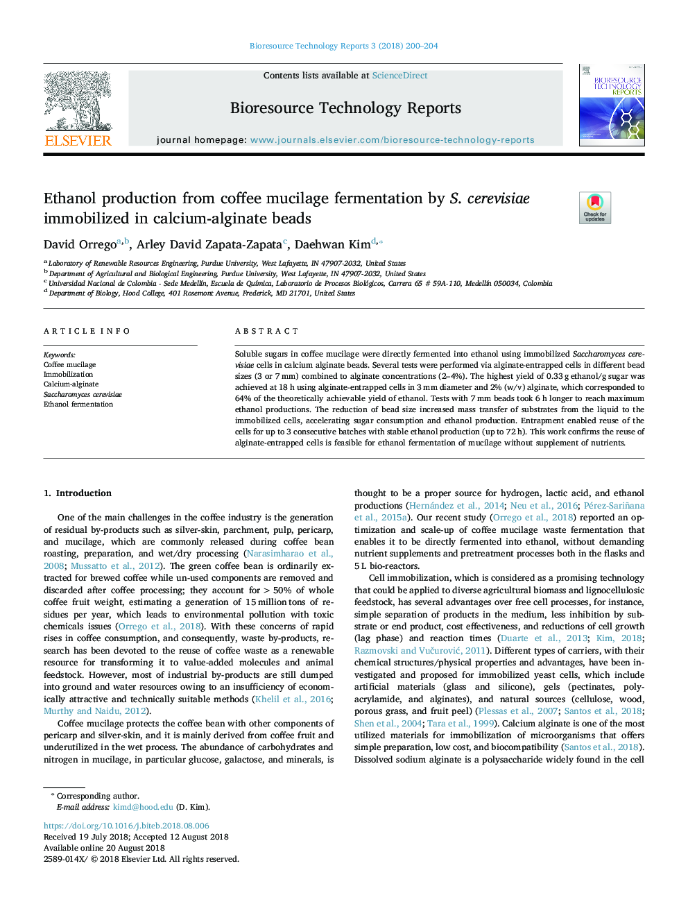 Ethanol production from coffee mucilage fermentation by S. cerevisiae immobilized in calcium-alginate beads