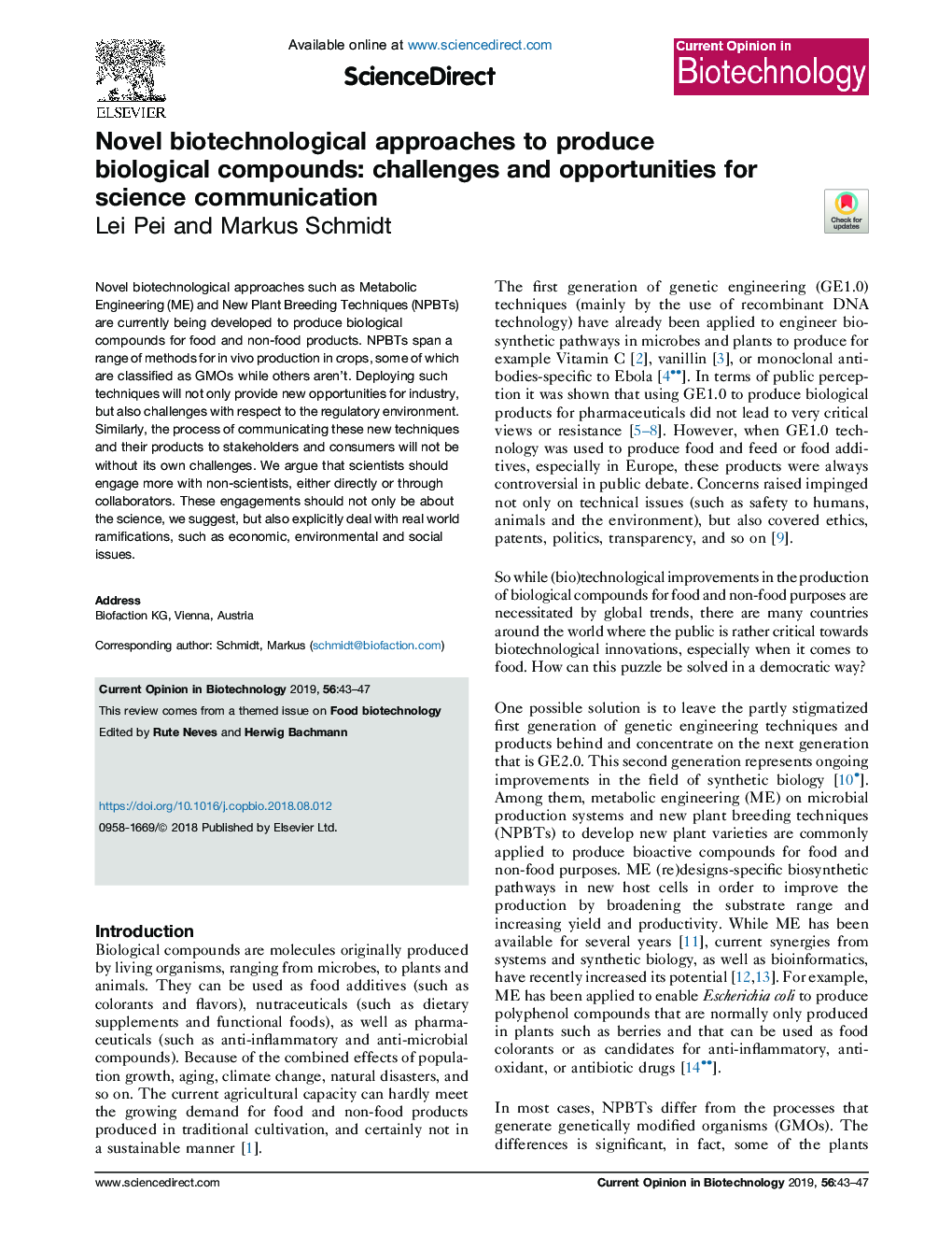 روشی بیوتکنولوژی نوین برای تولید ترکیبات بیولوژیکی: چالش ها و فرصت های ارتباطات علمی