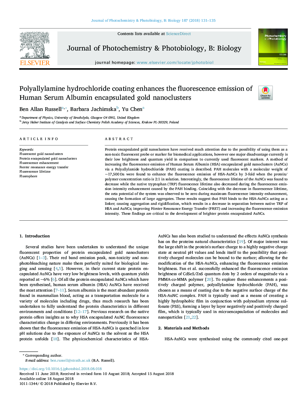 Polyallylamine hydrochloride coating enhances the fluorescence emission of Human Serum Albumin encapsulated gold nanoclusters