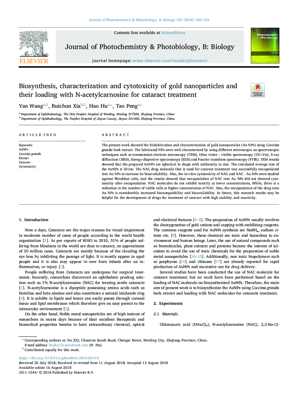 Biosynthesis, characterization and cytotoxicity of gold nanoparticles and their loading with N-acetylcarnosine for cataract treatment