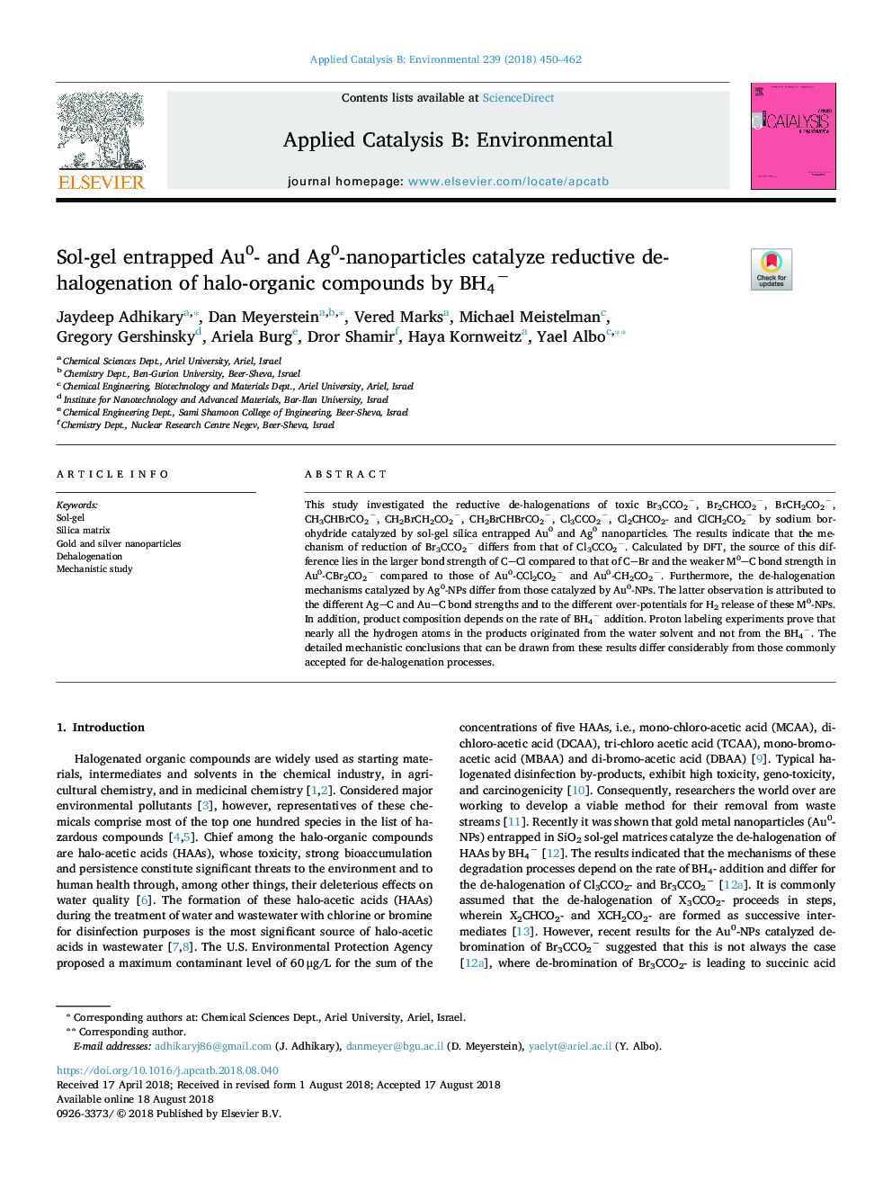 Sol-gel entrapped Au0- and Ag0-nanoparticles catalyze reductive de-halogenation of halo-organic compounds by BH4â