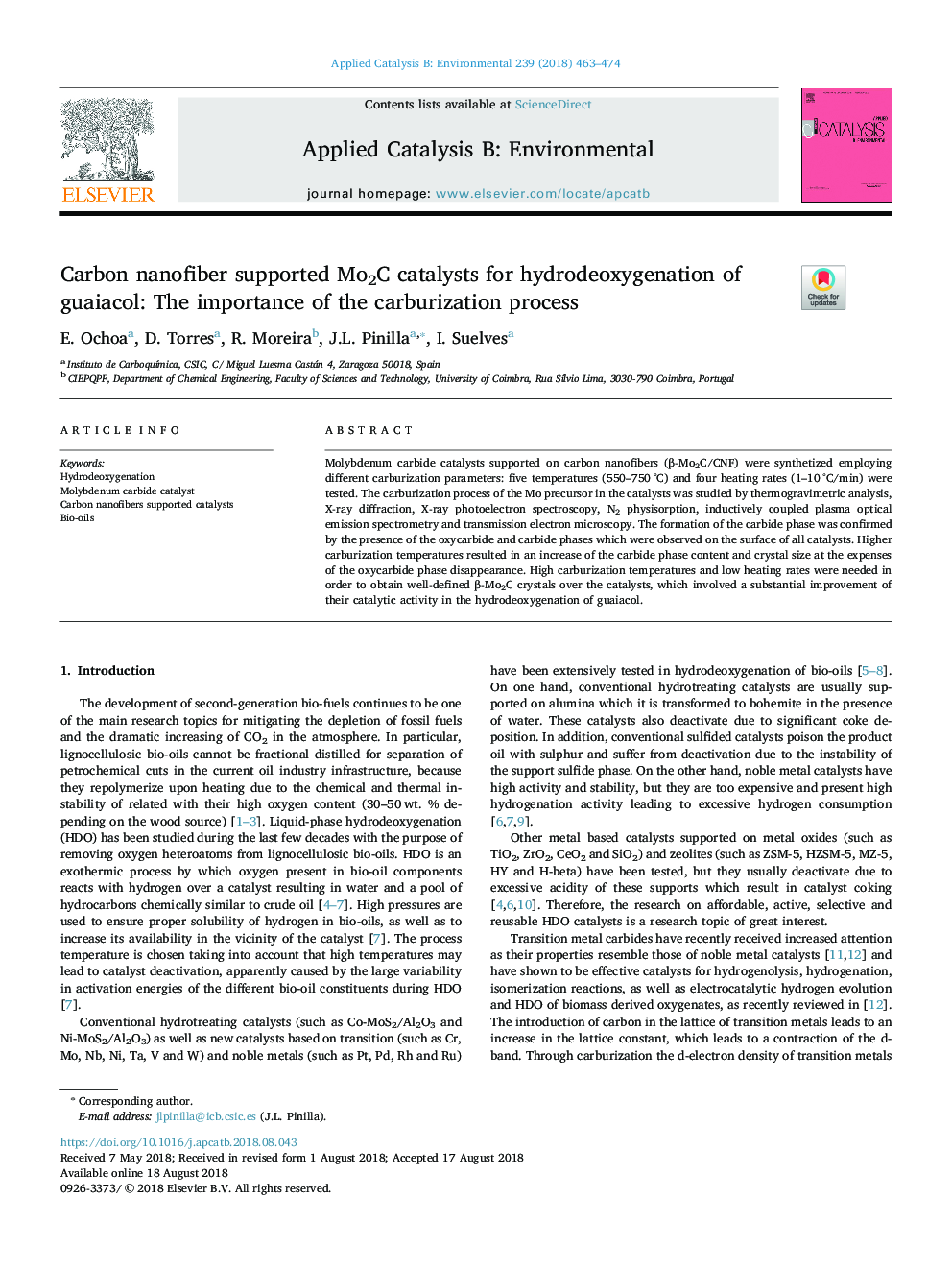 Carbon nanofiber supported Mo2C catalysts for hydrodeoxygenation of guaiacol: The importance of the carburization process