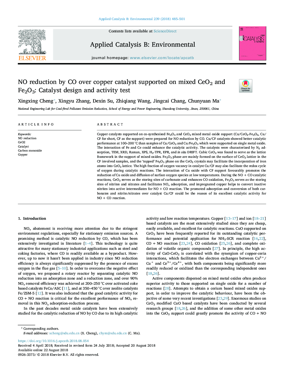 NO reduction by CO over copper catalyst supported on mixed CeO2 and Fe2O3: Catalyst design and activity test