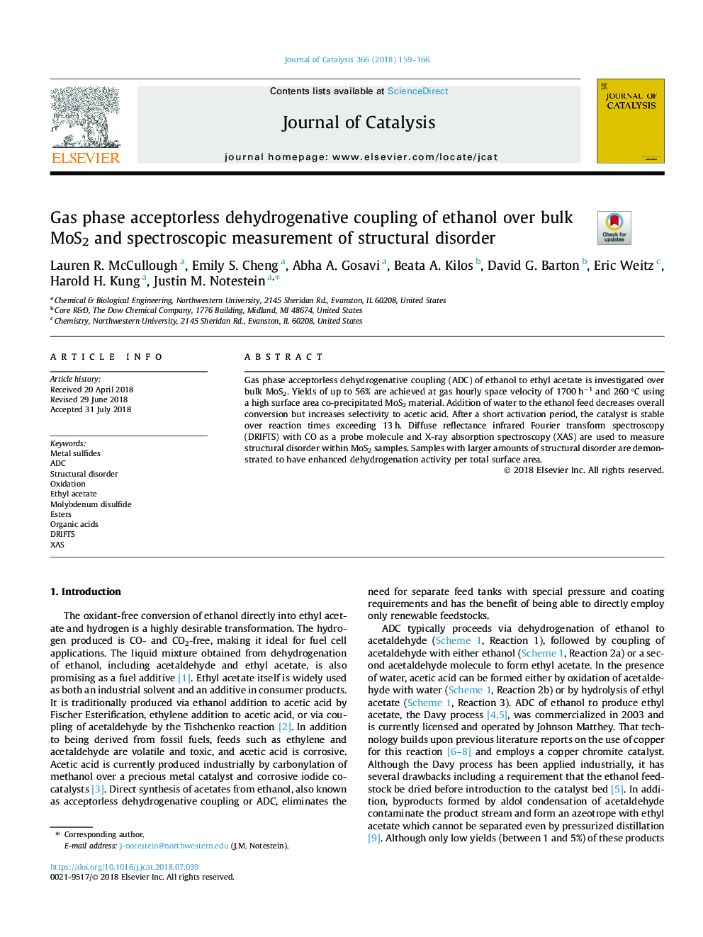 Gas phase acceptorless dehydrogenative coupling of ethanol over bulk MoS2 and spectroscopic measurement of structural disorder