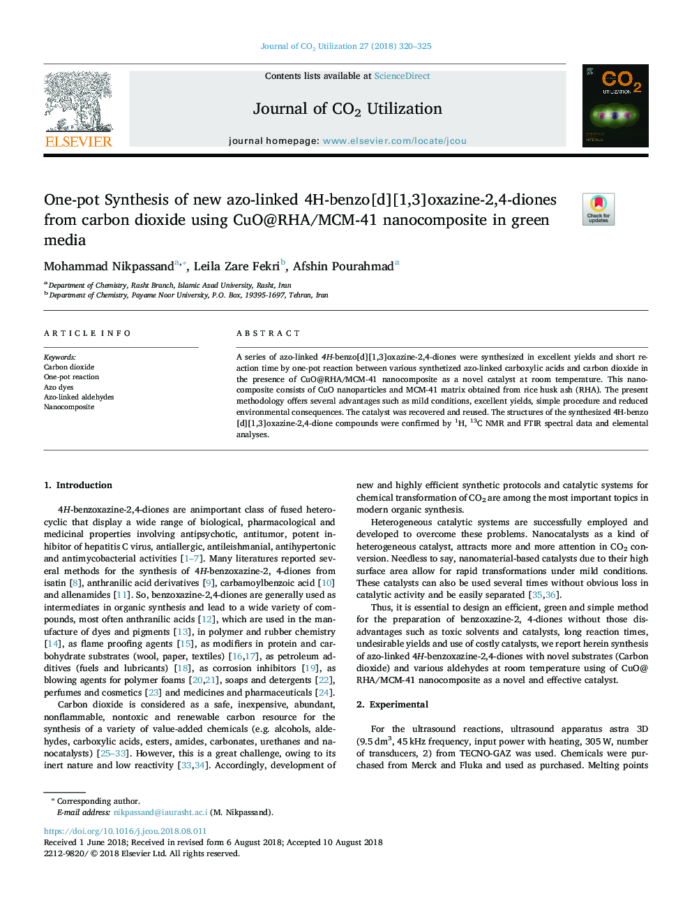 One-pot Synthesis of new azo-linked 4H-benzo[d][1,3]oxazine-2,4-diones from carbon dioxide using CuO@RHA/MCM-41 nanocomposite in green media