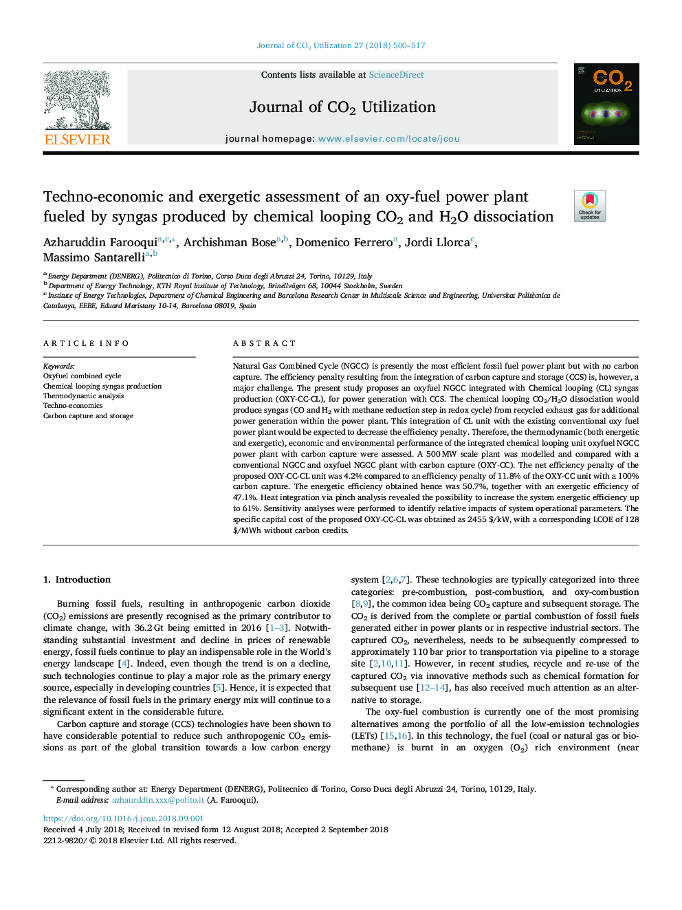 Techno-economic and exergetic assessment of an oxy-fuel power plant fueled by syngas produced by chemical looping CO2 and H2O dissociation