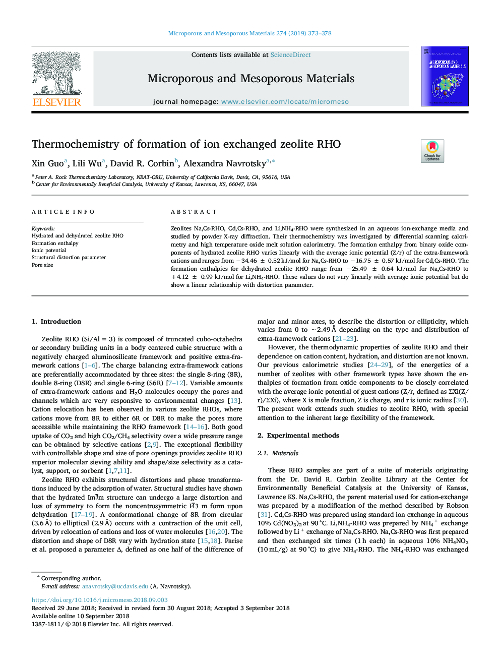 Thermochemistry of formation of ion exchanged zeolite RHO