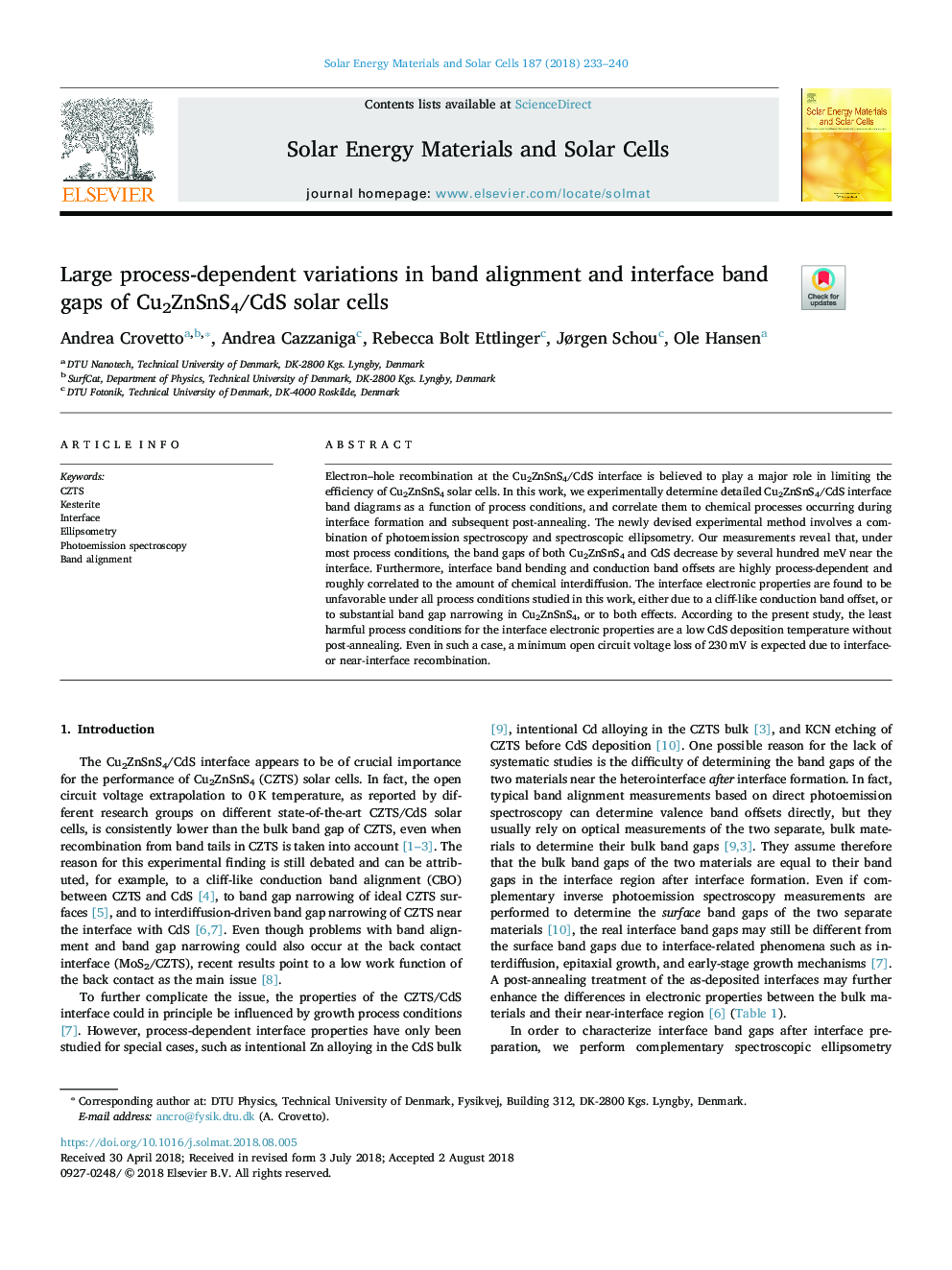 Large process-dependent variations in band alignment and interface band gaps of Cu2ZnSnS4/CdS solar cells