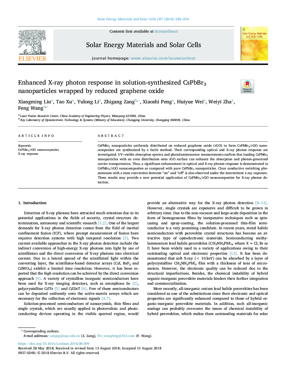 Enhanced X-ray photon response in solution-synthesized CsPbBr3 nanoparticles wrapped by reduced graphene oxide