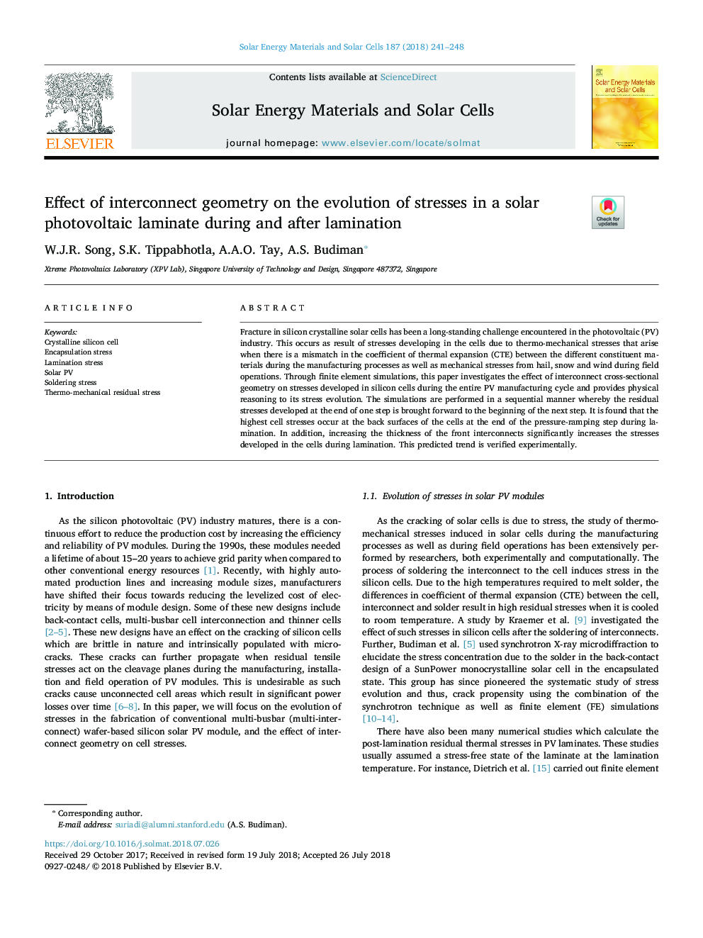 Effect of interconnect geometry on the evolution of stresses in a solar photovoltaic laminate during and after lamination