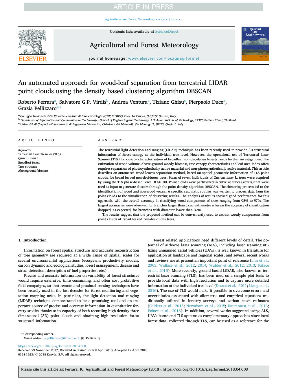 An automated approach for wood-leaf separation from terrestrial LIDAR point clouds using the density based clustering algorithm DBSCAN