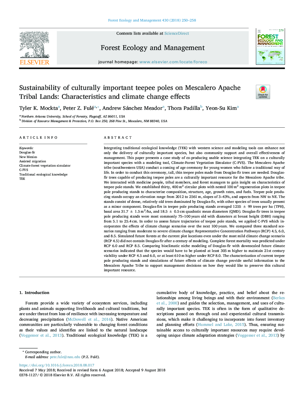 Sustainability of culturally important teepee poles on Mescalero Apache Tribal Lands: Characteristics and climate change effects