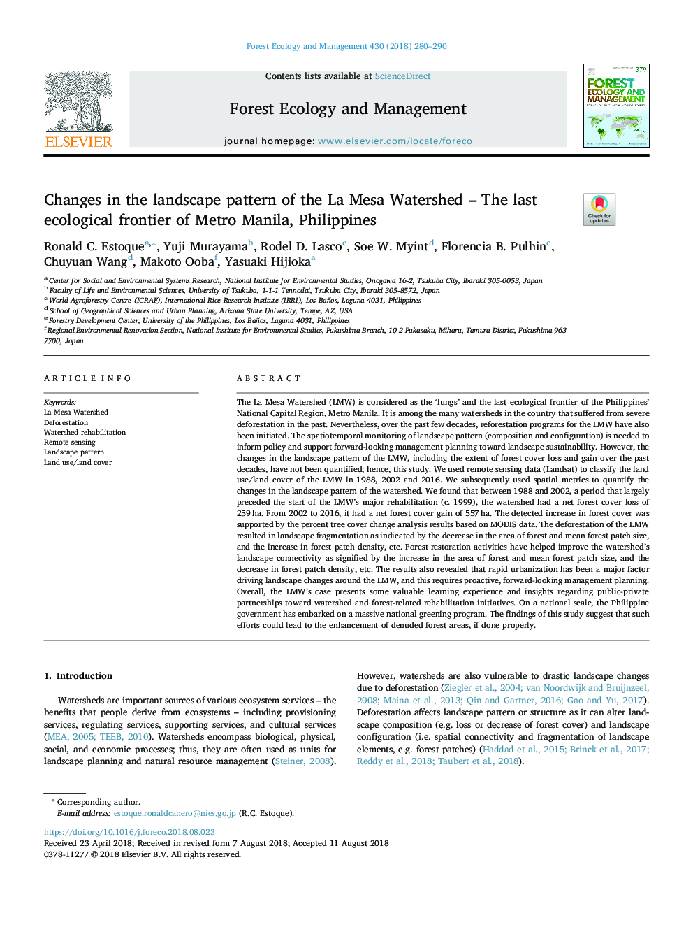 Changes in the landscape pattern of the La Mesa Watershed - The last ecological frontier of Metro Manila, Philippines