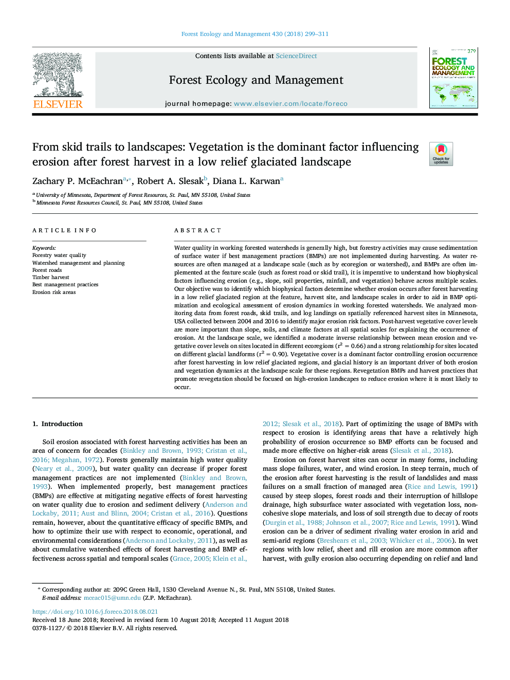 From skid trails to landscapes: Vegetation is the dominant factor influencing erosion after forest harvest in a low relief glaciated landscape