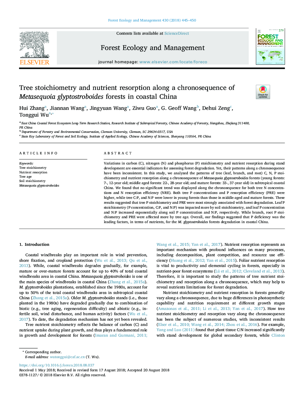 Tree stoichiometry and nutrient resorption along a chronosequence of Metasequoia glyptostroboides forests in coastal China