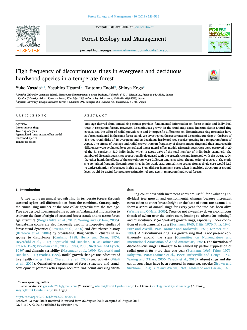 High frequency of discontinuous rings in evergreen and deciduous hardwood species in a temperate forest