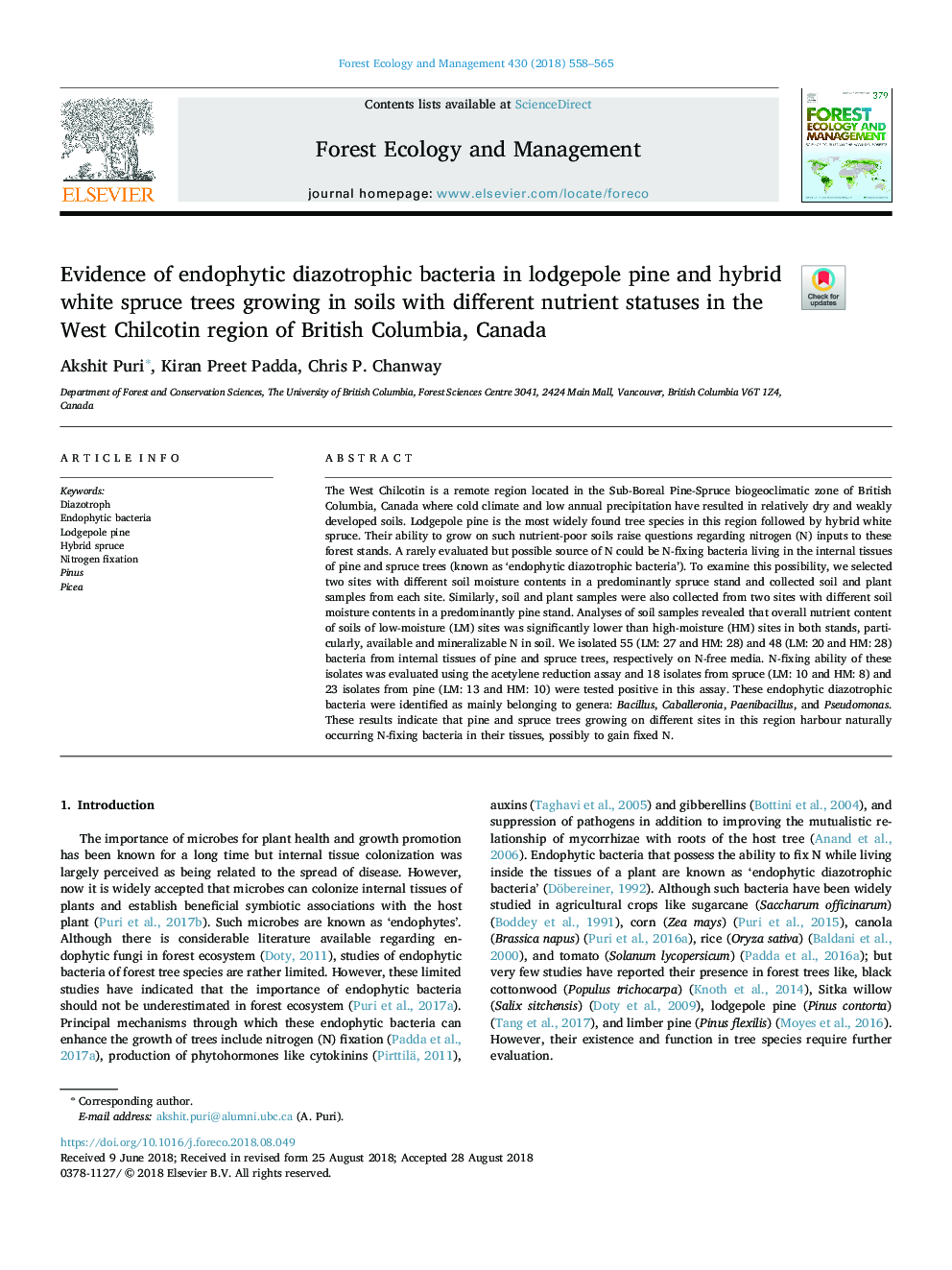 Evidence of endophytic diazotrophic bacteria in lodgepole pine and hybrid white spruce trees growing in soils with different nutrient statuses in the West Chilcotin region of British Columbia, Canada