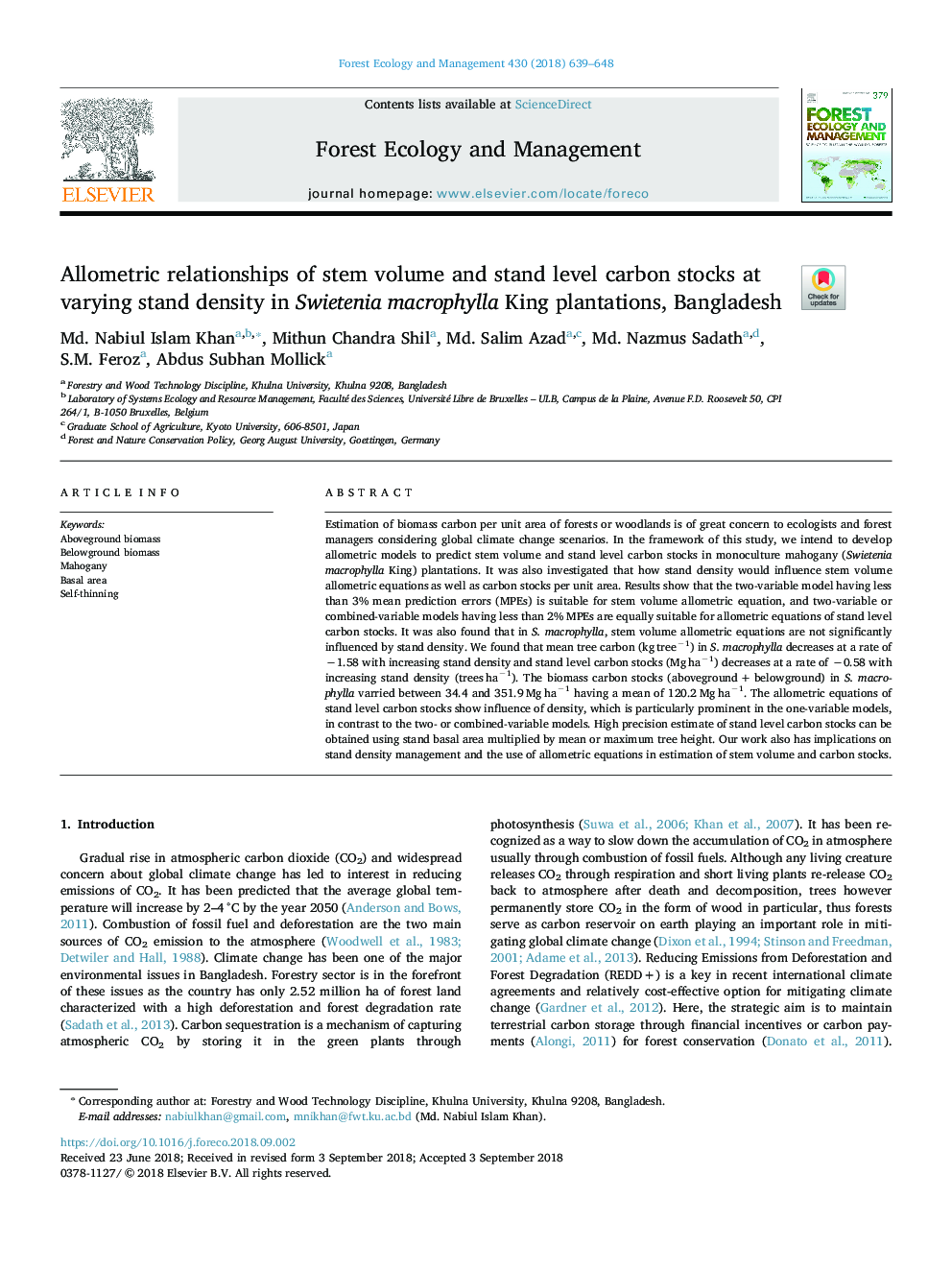 Allometric relationships of stem volume and stand level carbon stocks at varying stand density in Swietenia macrophylla King plantations, Bangladesh