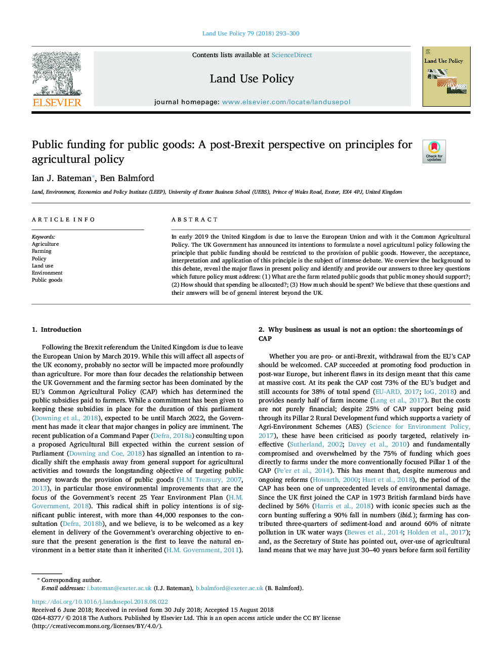Public funding for public goods: A post-Brexit perspective on principles for agricultural policy