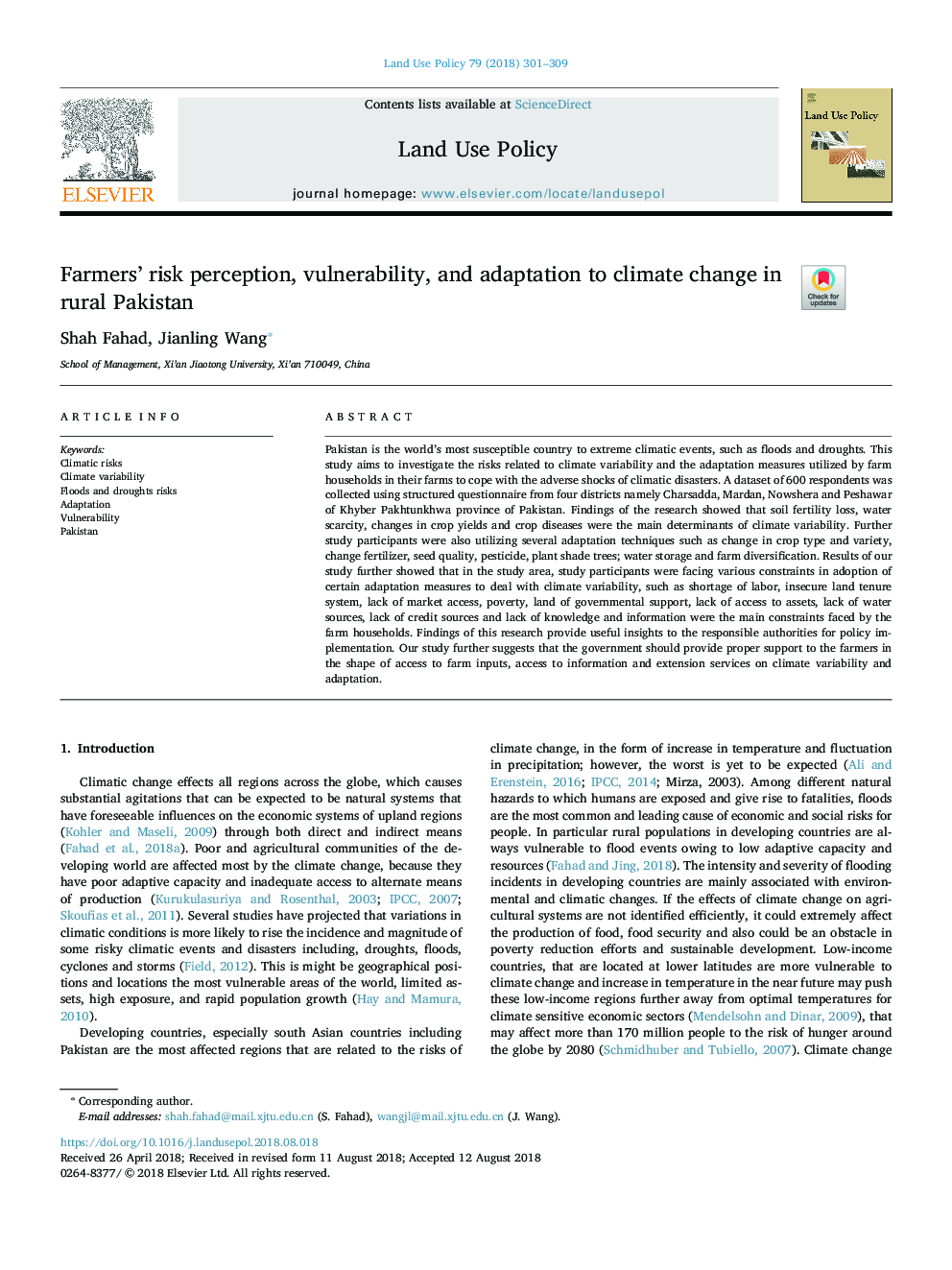 Farmers' risk perception, vulnerability, and adaptation to climate change in rural Pakistan