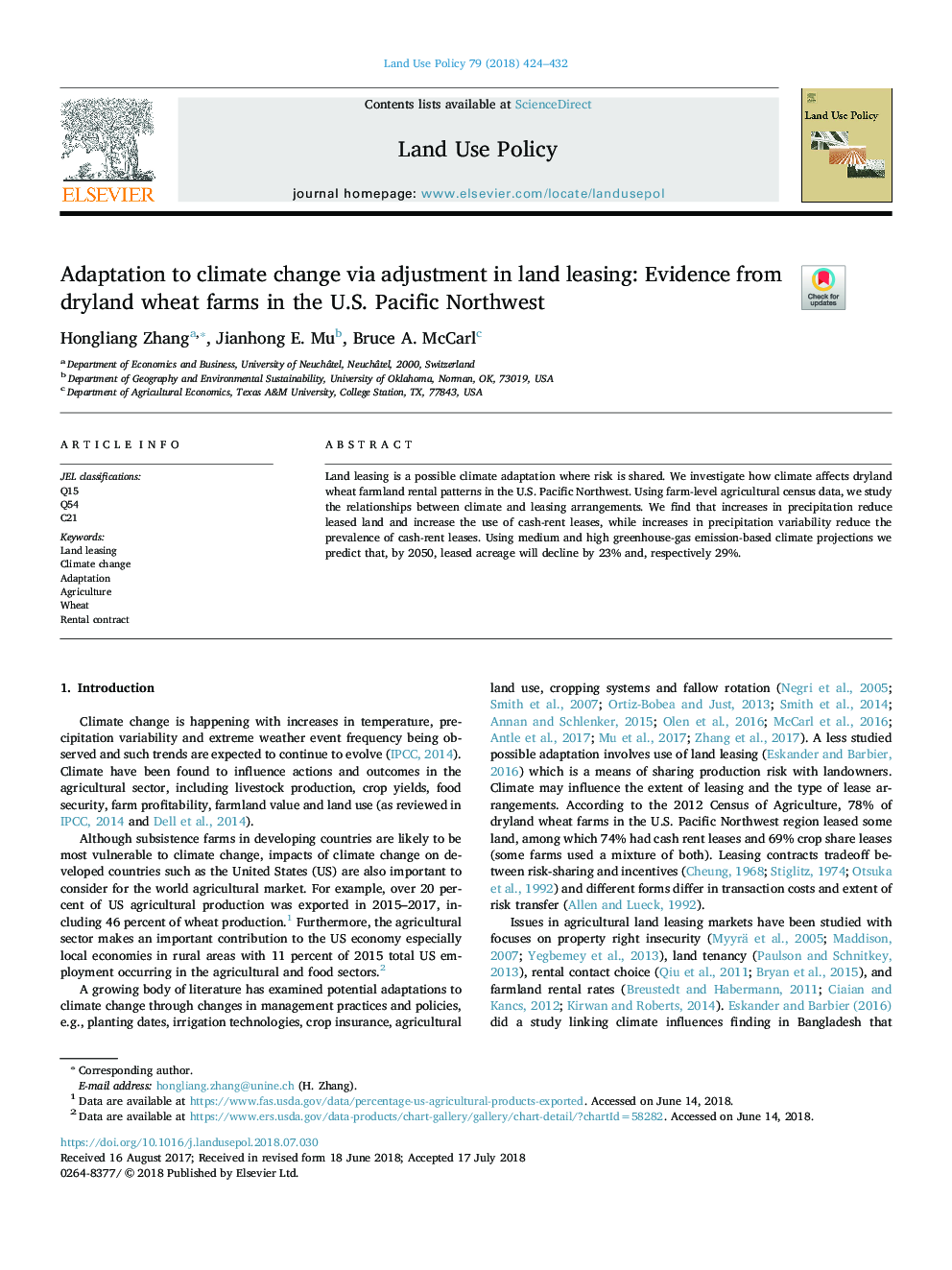 Adaptation to climate change via adjustment in land leasing: Evidence from dryland wheat farms in the U.S. Pacific Northwest