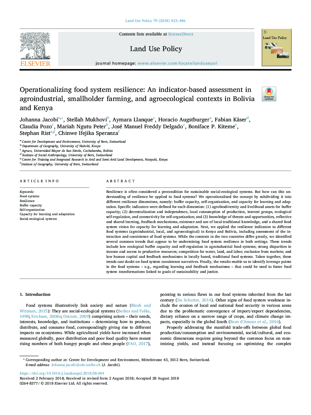 Operationalizing food system resilience: An indicator-based assessment in agroindustrial, smallholder farming, and agroecological contexts in Bolivia and Kenya