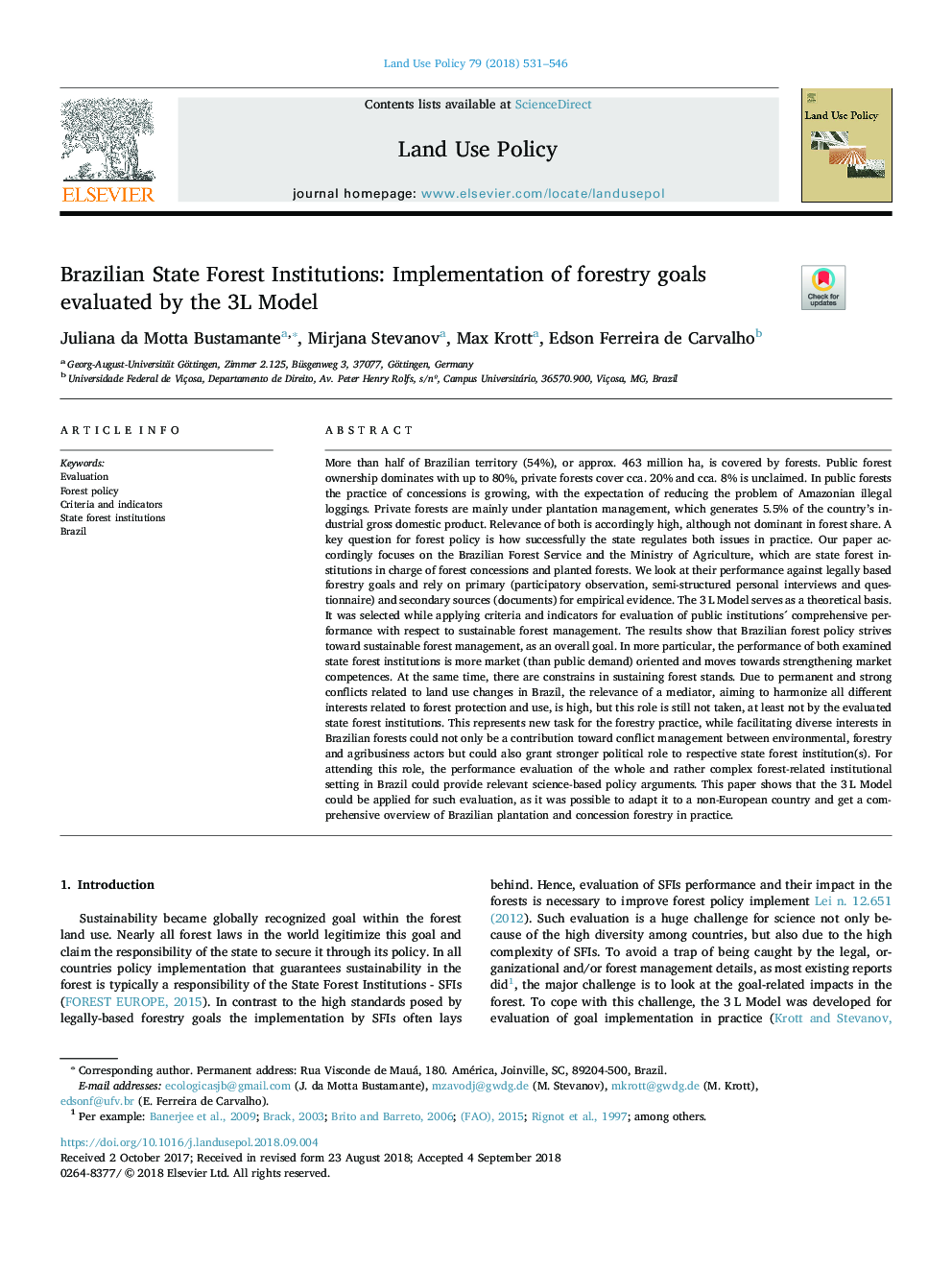 Brazilian State Forest Institutions: Implementation of forestry goals evaluated by the 3L Model