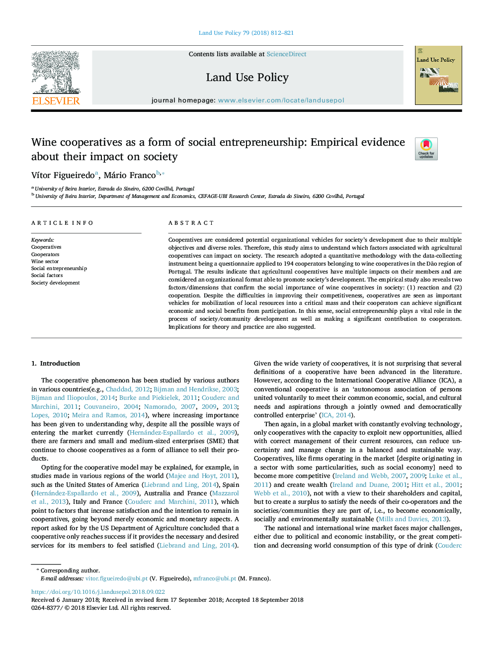 Wine cooperatives as a form of social entrepreneurship: Empirical evidence about their impact on society