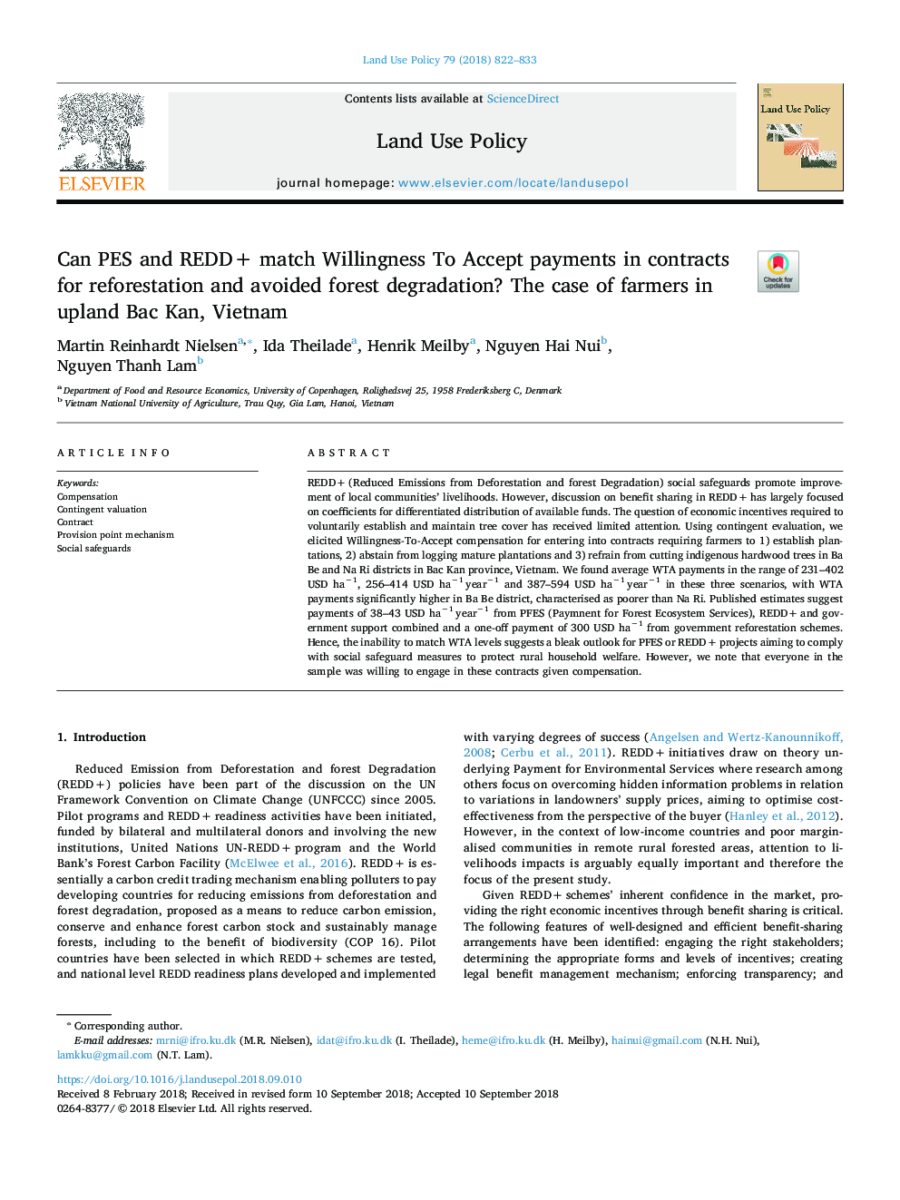 Can PES and REDD+ match Willingness To Accept payments in contracts for reforestation and avoided forest degradation? The case of farmers in upland Bac Kan, Vietnam