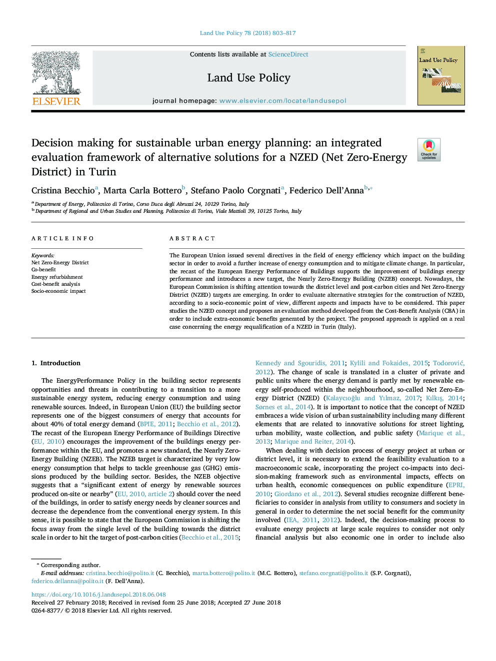 Decision making for sustainable urban energy planning: an integrated evaluation framework of alternative solutions for a NZED (Net Zero-Energy District) in Turin