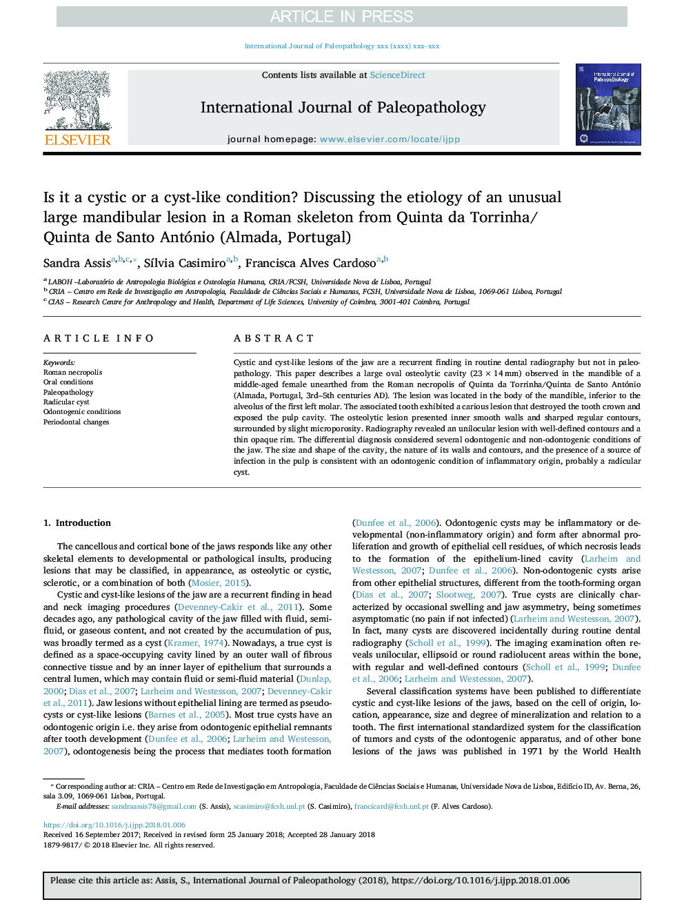 Is it a cystic or a cyst-like condition? Discussing the etiology of an unusual large mandibular lesion in a Roman skeleton from Quinta da Torrinha/Quinta de Santo António (Almada, Portugal)