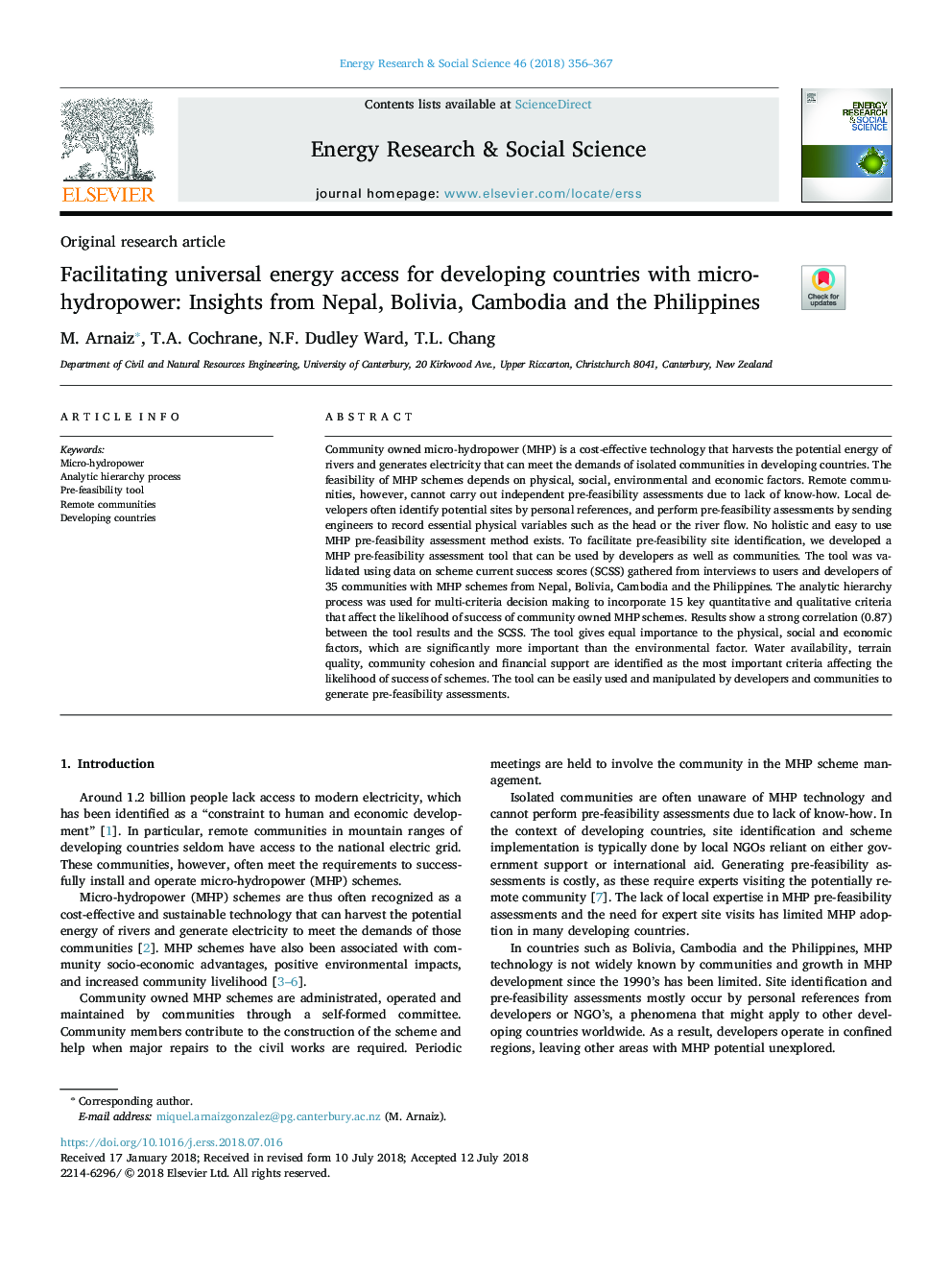 Facilitating universal energy access for developing countries with micro-hydropower: Insights from Nepal, Bolivia, Cambodia and the Philippines