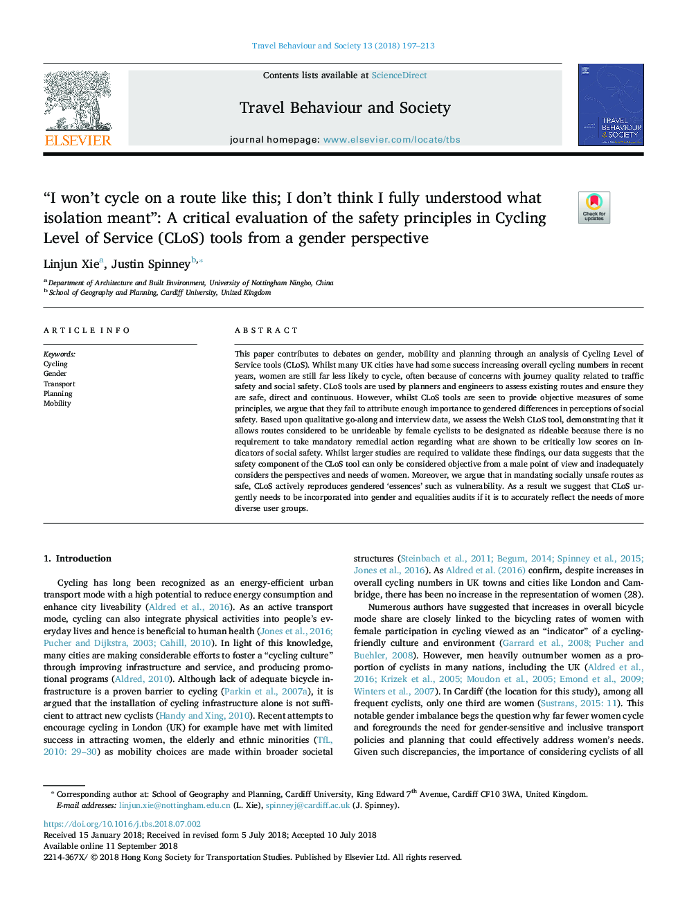 “I won't cycle on a route like this; I don't think I fully understood what isolation meant”: A critical evaluation of the safety principles in Cycling Level of Service (CLoS) tools from a gender perspective