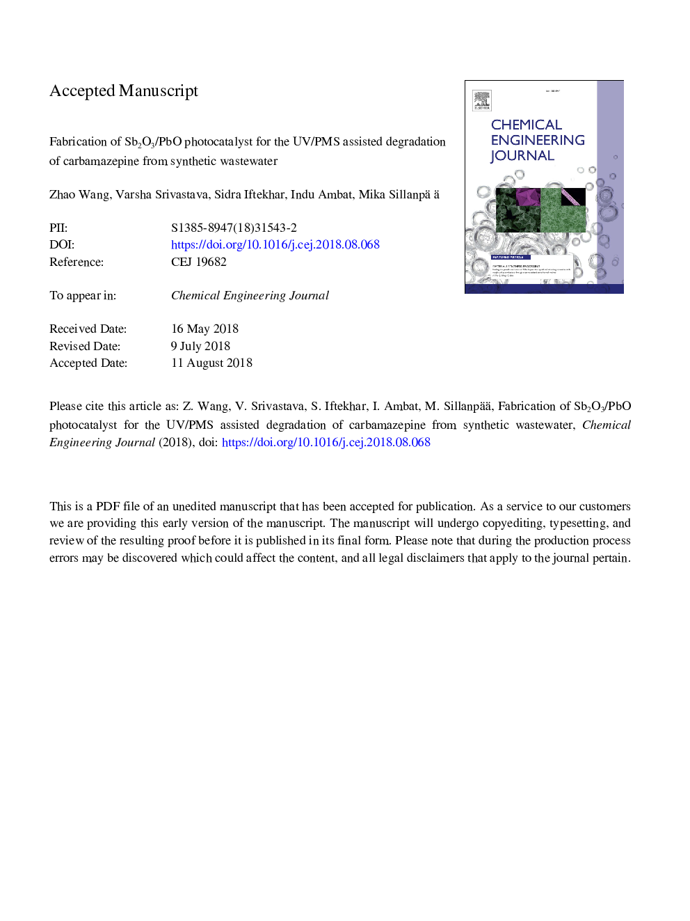 Fabrication of Sb2O3/PbO photocatalyst for the UV/PMS assisted degradation of carbamazepine from synthetic wastewater