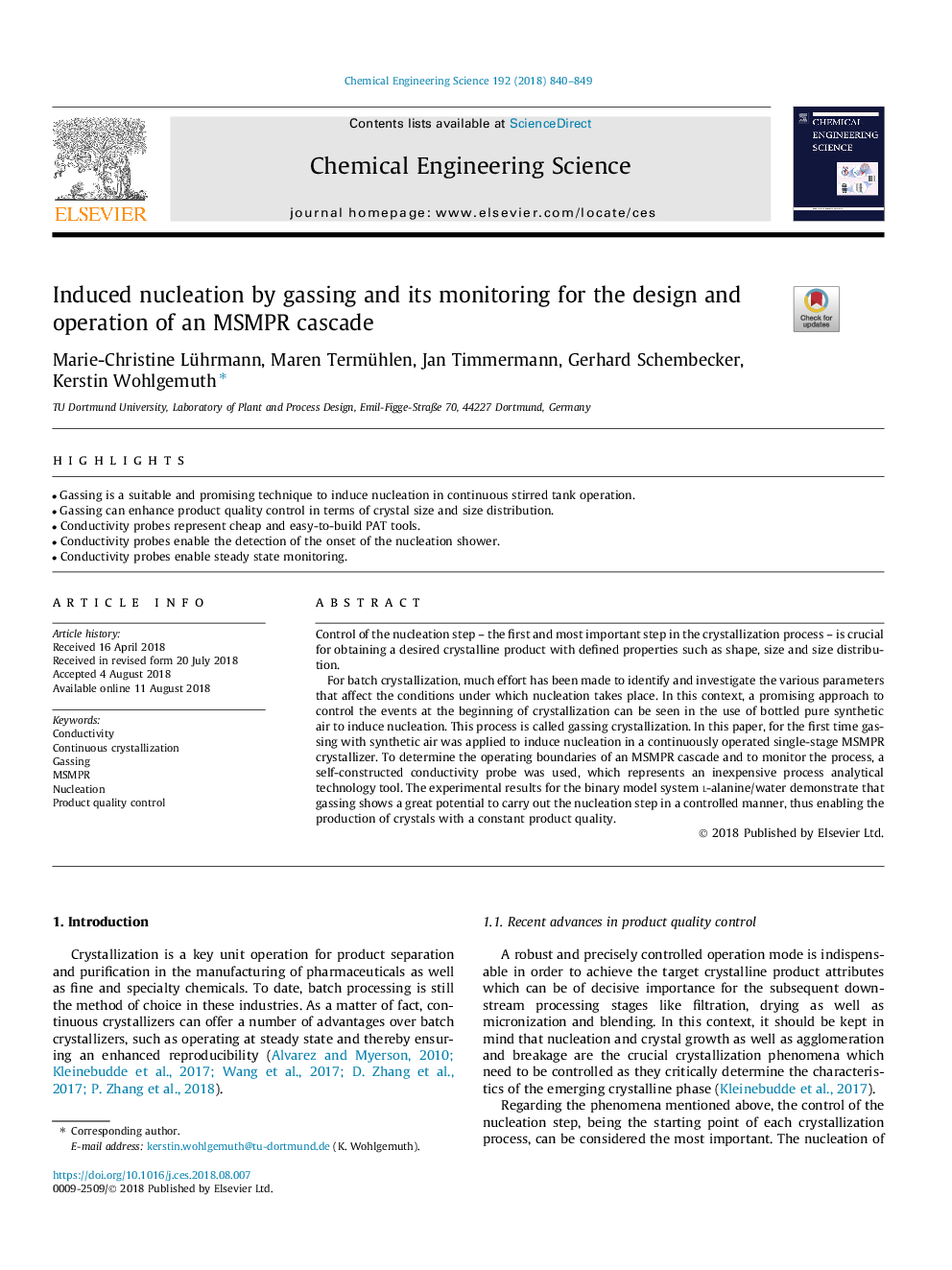 Induced nucleation by gassing and its monitoring for the design and operation of an MSMPR cascade