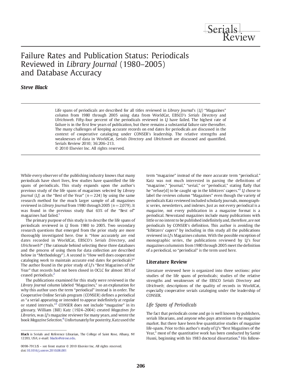 Failure Rates and Publication Status: Periodicals Reviewed in Library Journal (1980-2005) and Database Accuracy