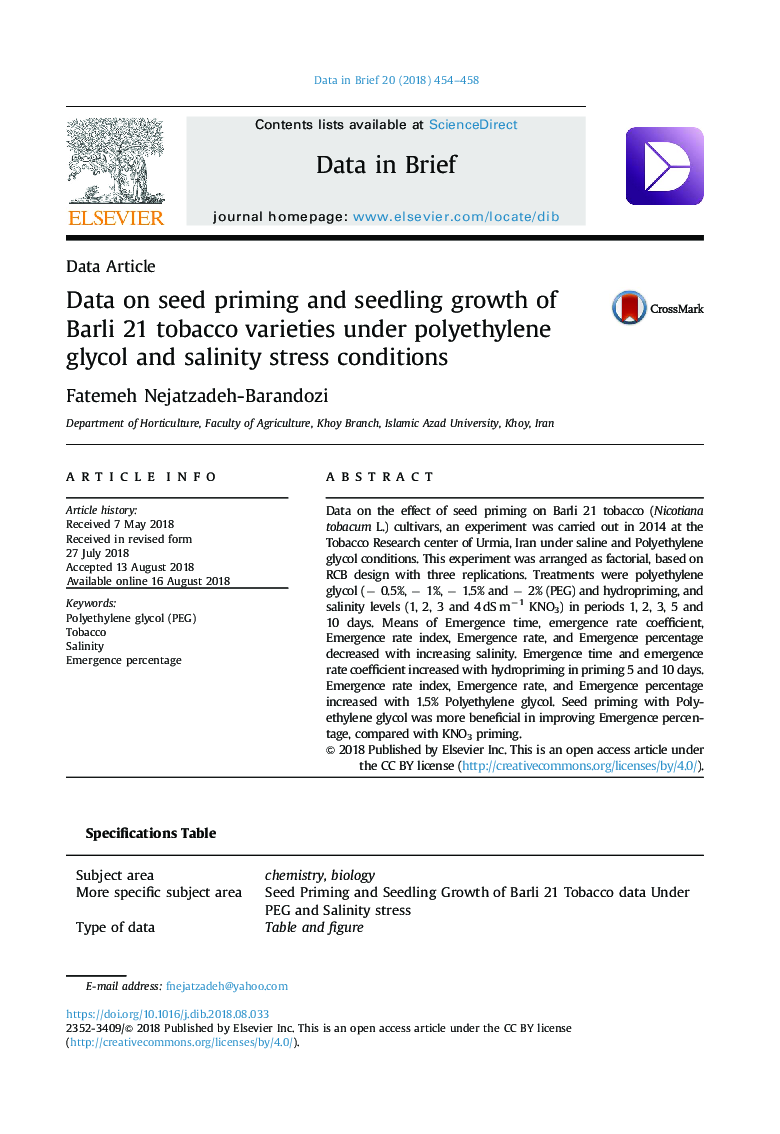 Data on seed priming and seedling growth of Barli 21 tobacco varieties under polyethylene glycol and salinity stress conditions