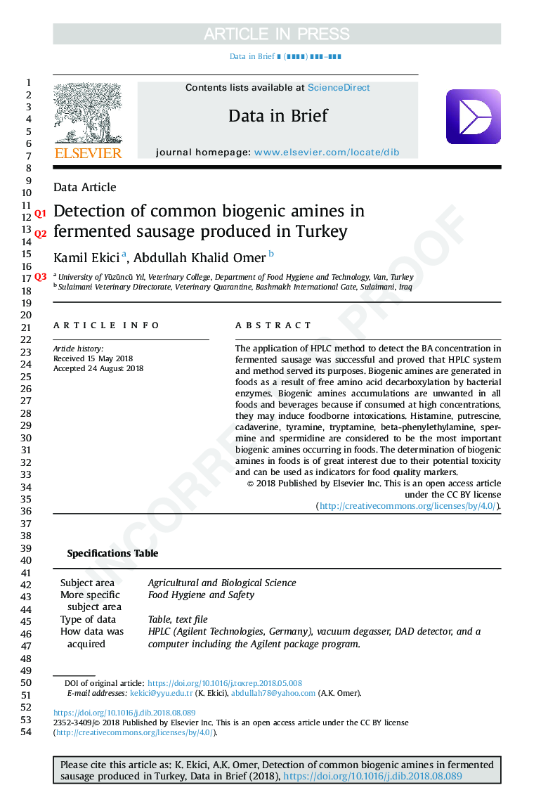 Detection of common biogenic amines in fermented sausage produced in Turkey