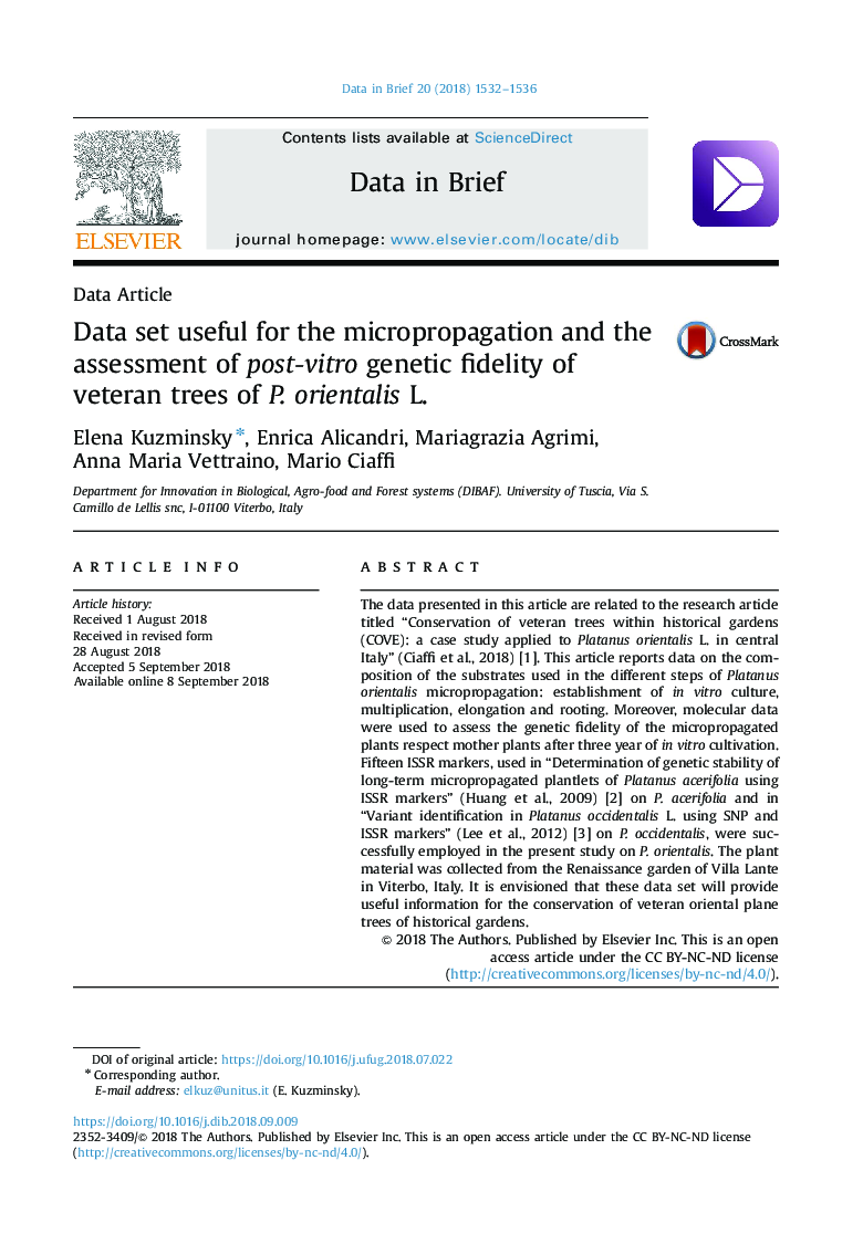 Data set useful for the micropropagation and the assessment of post-vitro genetic fidelity of veteran trees of P. orientalis L.