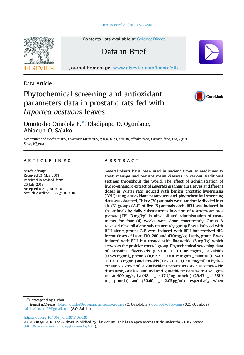 Phytochemical screening and antioxidant parameters data in prostatic rats fed with Laportea aestuans leaves