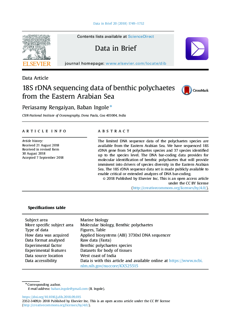 18S rDNA sequencing data of benthic polychaetes from the Eastern Arabian Sea