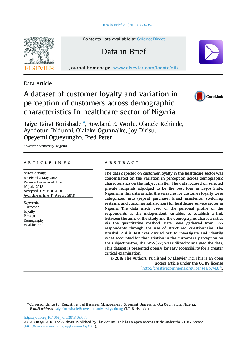 A dataset of customer loyalty and variation in perception of customers across demographic characteristics In healthcare sector of Nigeria