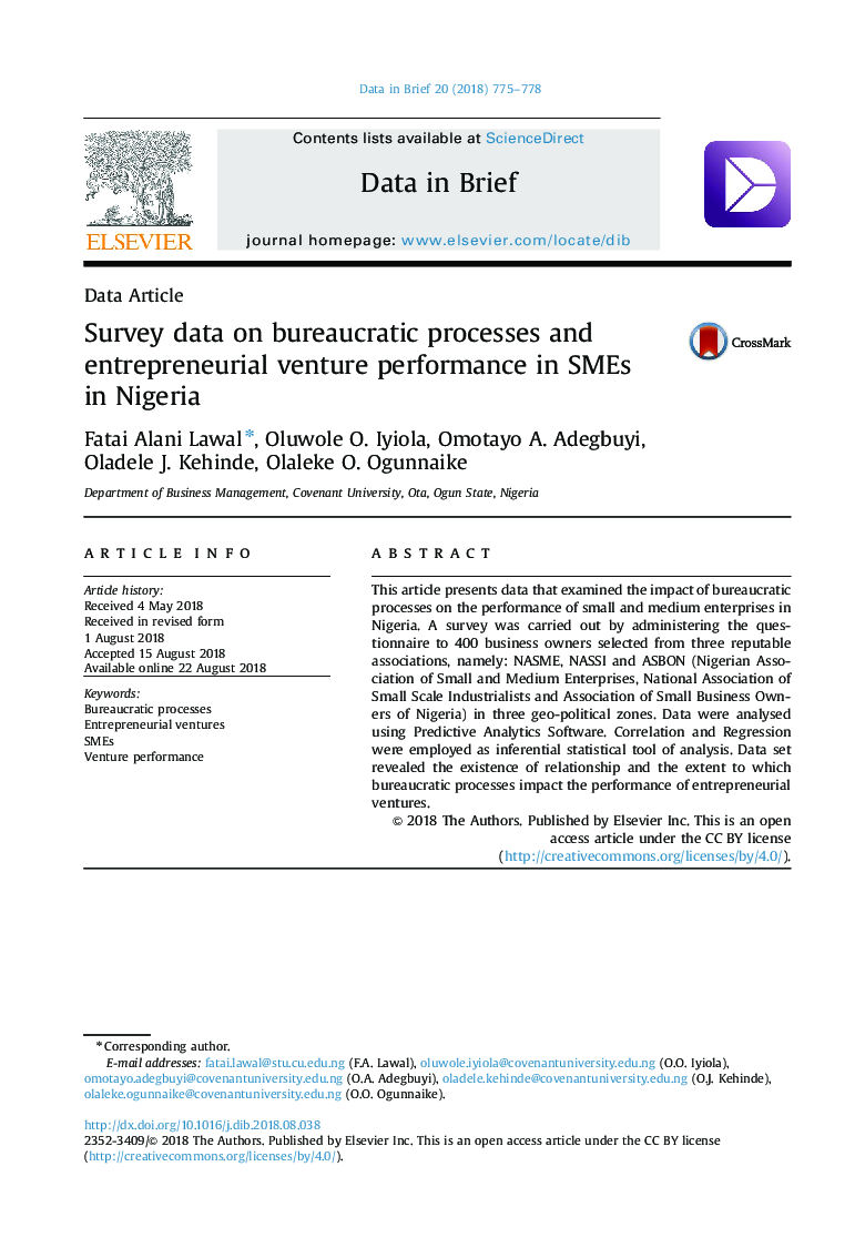 Survey data on bureaucratic processes and entrepreneurial venture performance in SMEs in Nigeria