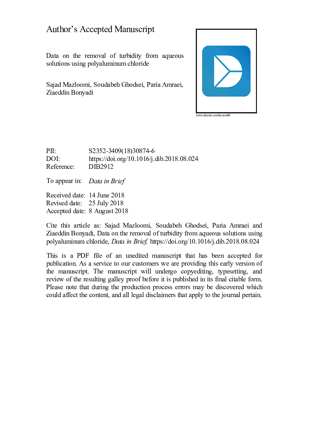 Data on the removal of turbidity from aqueous solutions using polyaluminum chloride