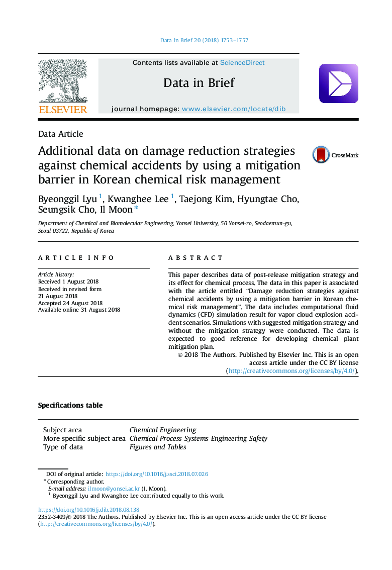 Additional data on damage reduction strategies against chemical accidents by using a mitigation barrier in Korean chemical risk management